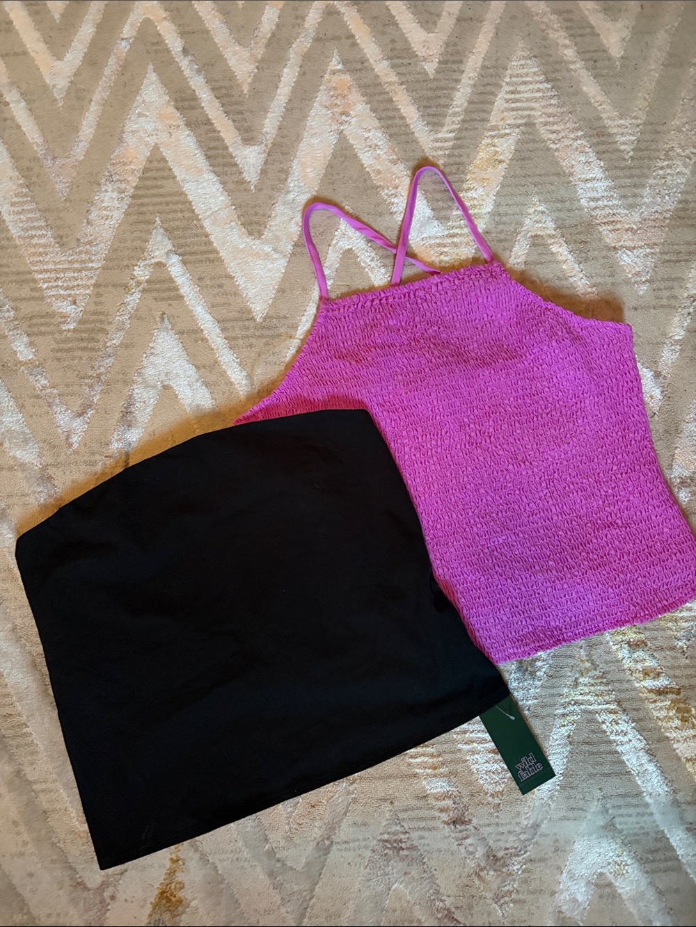2 Sleeveless Tops - Fuchsia Smocked Halter Crop Top & Black Tube Top